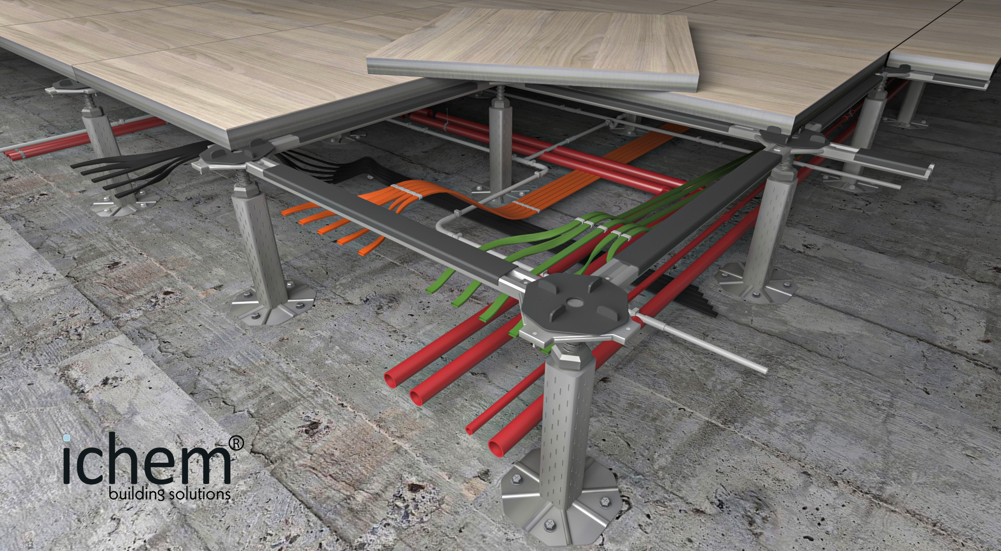 اليك صوره توضح منتج انظمة الارضيات المرتفعه raised-floor من صنع شركة اي كيم لحلول البناء الحديث 