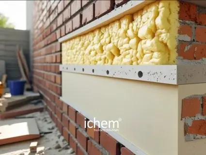 عزل حراري وصوتي عالي الجوده من اي كيم تطبيق عزل حراري وصوتي من اي كيم باستخدام الفوم الرغوي علي جدار من الطوب الاحمر , متوفر لدي اي كيم