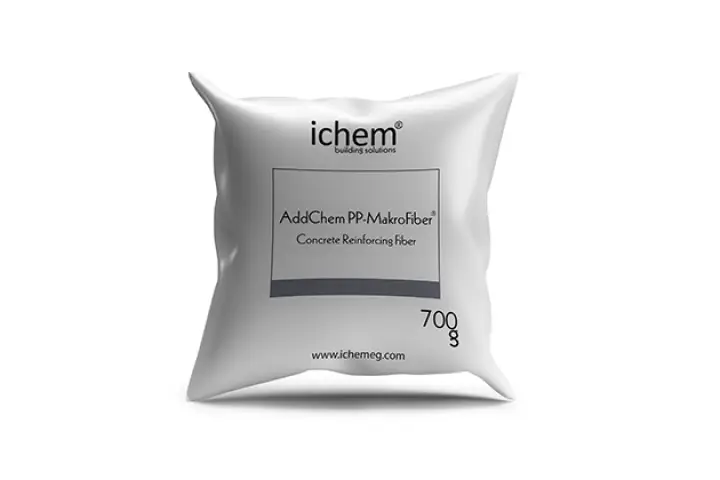 Construction-Chemicals-Solutions-ichem-addchem-PP-makro-fiber صورة توضح عبوة منتج addchem pp-makro fiber الياف تسليح خرسانة بوليمرية وزن 700جرام من اي كيم