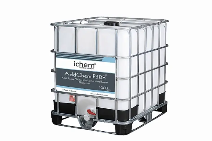 Construction-Chemicals-Solutions-ichem-addchem-F388-1000kg صورة توضح منتج f388 من شركة ichem يساعد في تقليل المياه وتحسين تشغيلية الخرسانة
