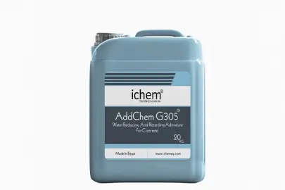 Construction-Chemicals-Solutions-ichem-addchem-G305-20kg صورة توضح منتج من شركة ichem لحلول البناء يساعد في تقليل الماء في الخرسانة